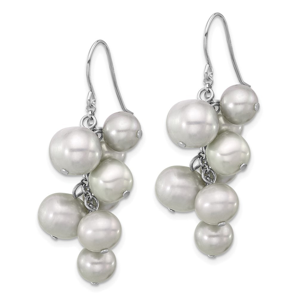 QE17252 Sterling Silver Rhodium-plated 6-10mm Grey Near-Round Freshwater Cultured Pearl Dangle Earrings