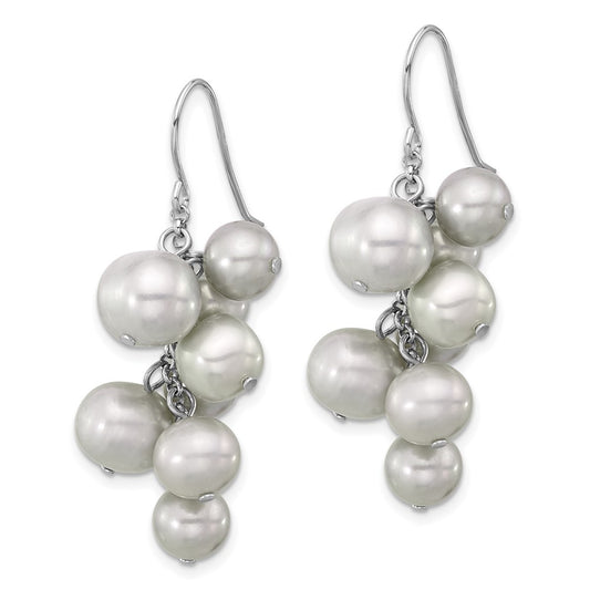 QE17252 Sterling Silver Rhodium-plated 6-10mm Grey Near-Round Freshwater Cultured Pearl Dangle Earrings