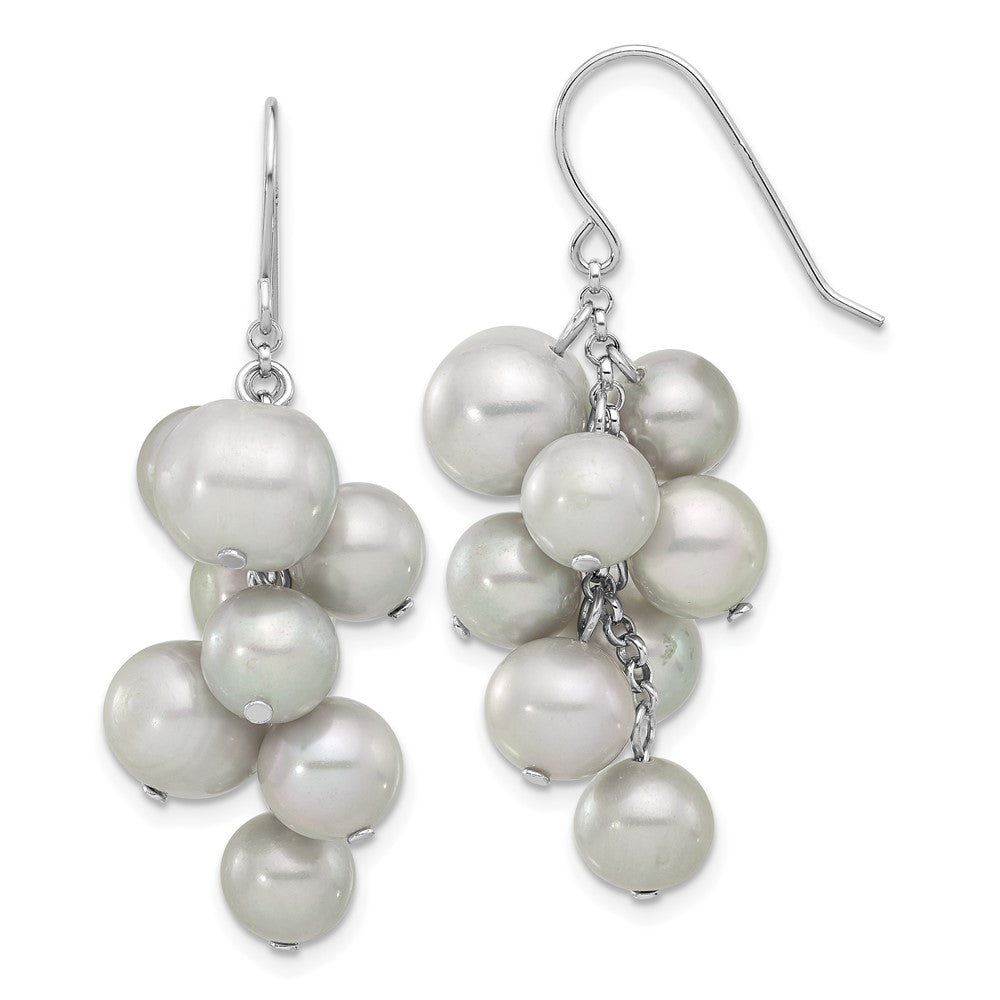 QE17252 Sterling Silver Rhodium-plated 6-10mm Grey Near-Round Freshwater Cultured Pearl Dangle Earrings