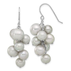 QE17252 Sterling Silver Rhodium-plated 6-10mm Grey Near-Round Freshwater Cultured Pearl Dangle Earrings