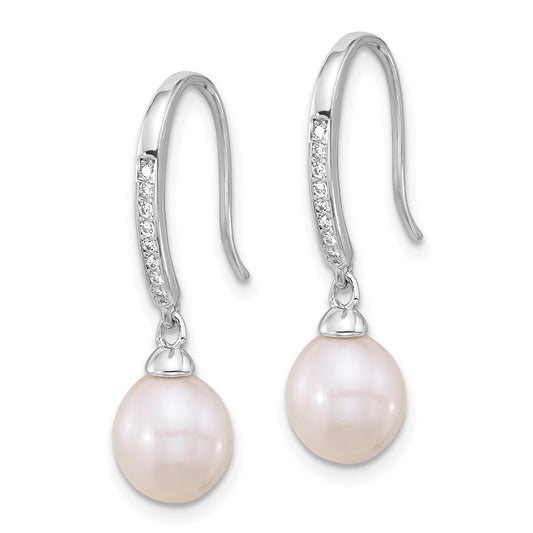 QE17254 Sterling Silver Rhodium-plated 7-8mm White Teardrop Freshwater Cultured Pearl and CZ Dangle Earrings