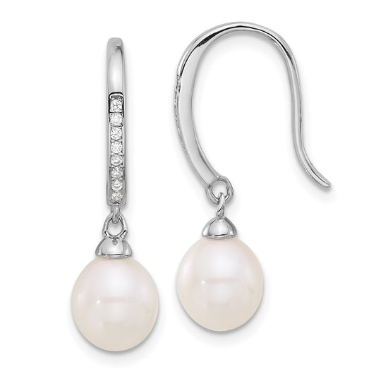 QE17254 Sterling Silver Rhodium-plated 7-8mm White Teardrop Freshwater Cultured Pearl and CZ Dangle Earrings