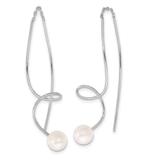 QE17257 Sterling Silver Rhodium-plated 6-7mm White Button Freshwater Cultured Pearl Twisted Threader Earrings