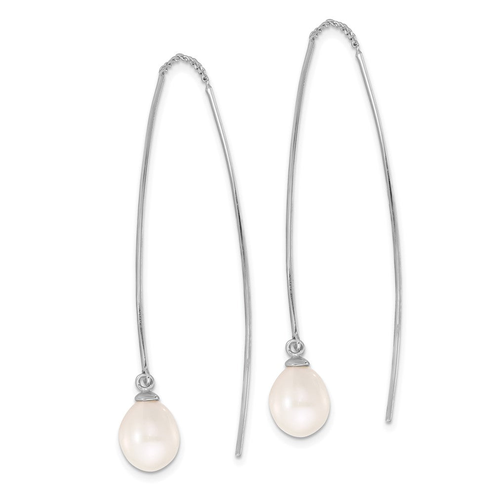 QE17258 Sterling Silver Rhodium-plated 7-8mm White Teardrop Freshwater Cultured Pearl Threader Earrings