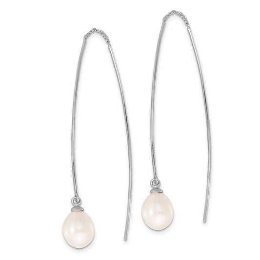 QE17258 Sterling Silver Rhodium-plated 7-8mm White Teardrop Freshwater Cultured Pearl Threader Earrings