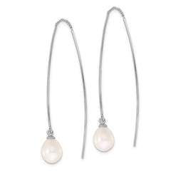 QE17258 Sterling Silver Rhodium-plated 7-8mm White Teardrop Freshwater Cultured Pearl Threader Earrings