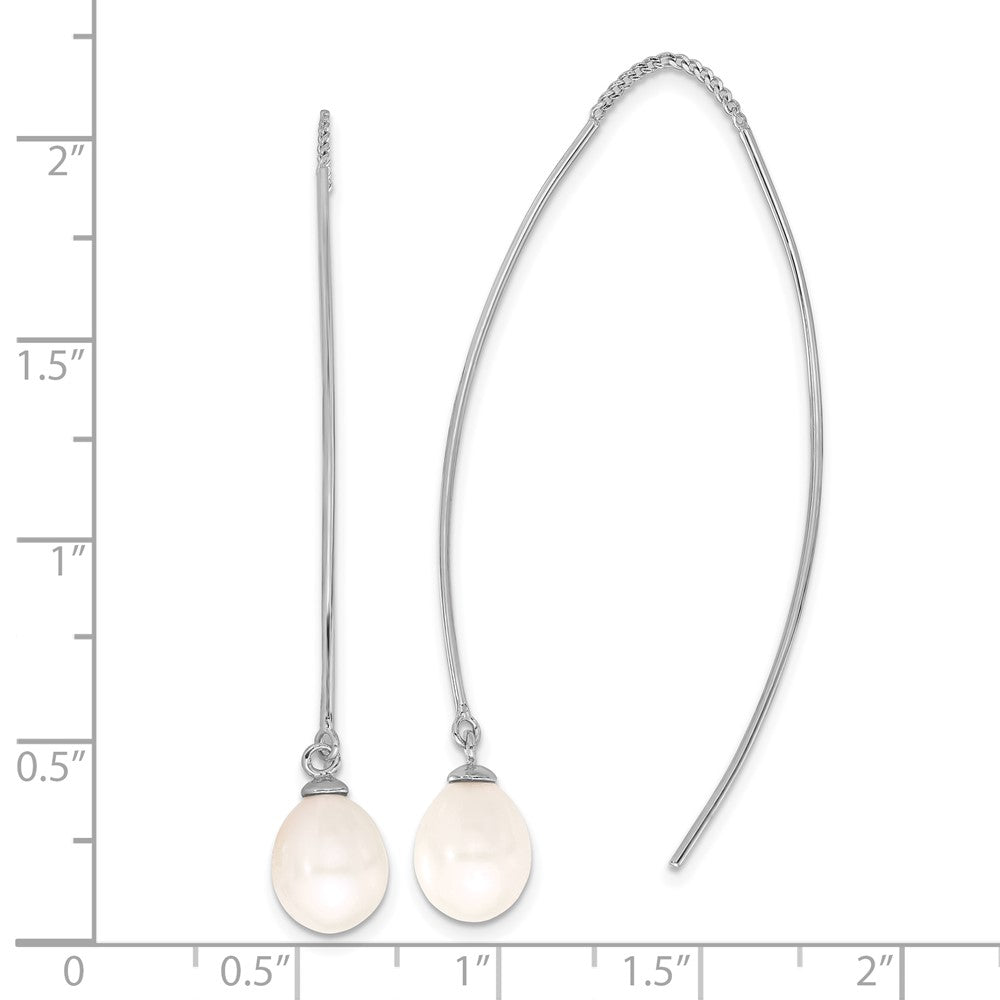 QE17258 Sterling Silver Rhodium-plated 7-8mm White Teardrop Freshwater Cultured Pearl Threader Earrings