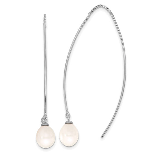 QE17258 Sterling Silver Rhodium-plated 7-8mm White Teardrop Freshwater Cultured Pearl Threader Earrings