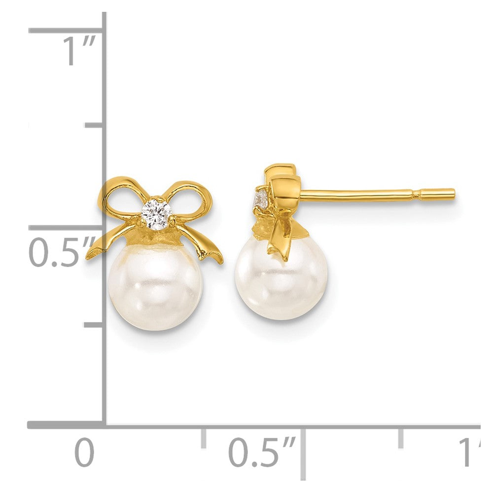 QE17262 Sterling Silver Gold-tone Polished CZ and Synthetic Pearl Bow Post Earrings