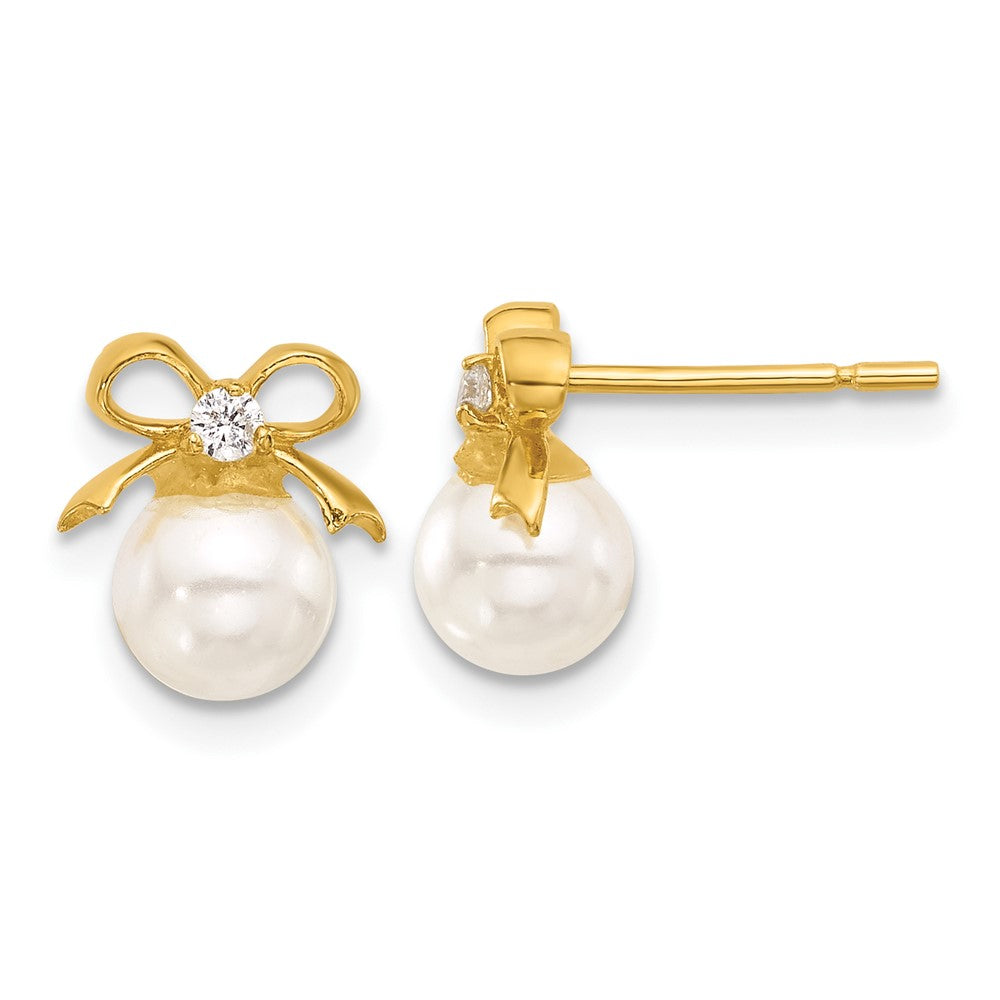 QE17262 Sterling Silver Gold-tone Polished CZ and Synthetic Pearl Bow Post Earrings