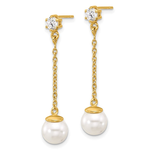 QE17269GP Sterling Silver Gold-tone Polished CZ and Imitation Pearl Dangle Earrings