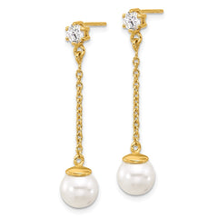 QE17269GP Sterling Silver Gold-tone Polished CZ and Imitation Pearl Dangle Earrings