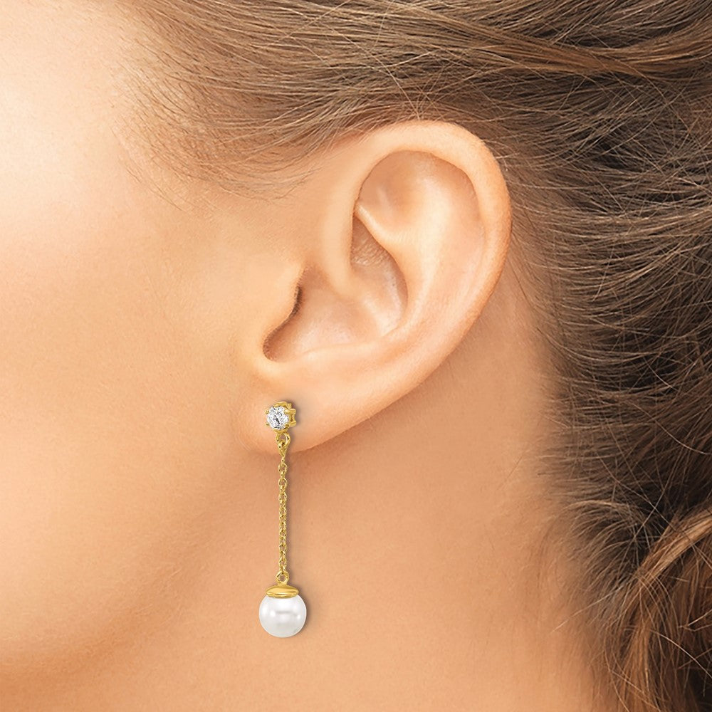 QE17269GP Sterling Silver Gold-tone Polished CZ and Imitation Pearl Dangle Earrings