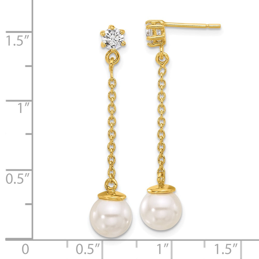 QE17269GP Sterling Silver Gold-tone Polished CZ and Imitation Pearl Dangle Earrings