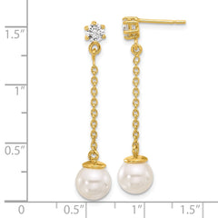 QE17269GP Sterling Silver Gold-tone Polished CZ and Imitation Pearl Dangle Earrings