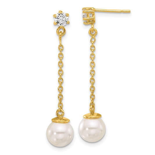 QE17269GP Sterling Silver Gold-tone Polished CZ and Imitation Pearl Dangle Earrings