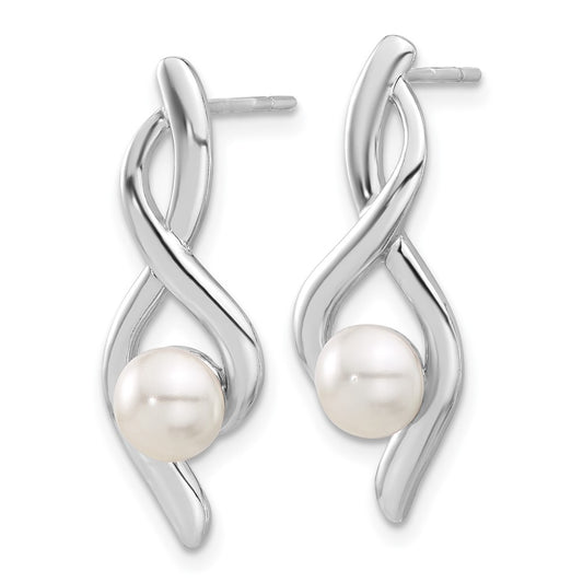 QE17271 Sterling Silver Rhodium-plated Fancy Twist Glass Pearl Post Dangle Earrings