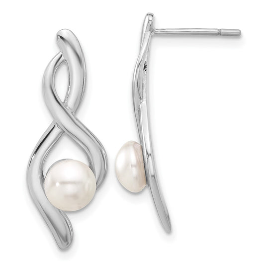 QE17271 Sterling Silver Rhodium-plated Fancy Twist Glass Pearl Post Dangle Earrings
