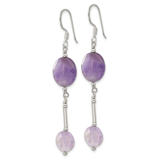 QE17292 Sterling Silver Polished Beaded Bar Amethyst Dangle Earrings