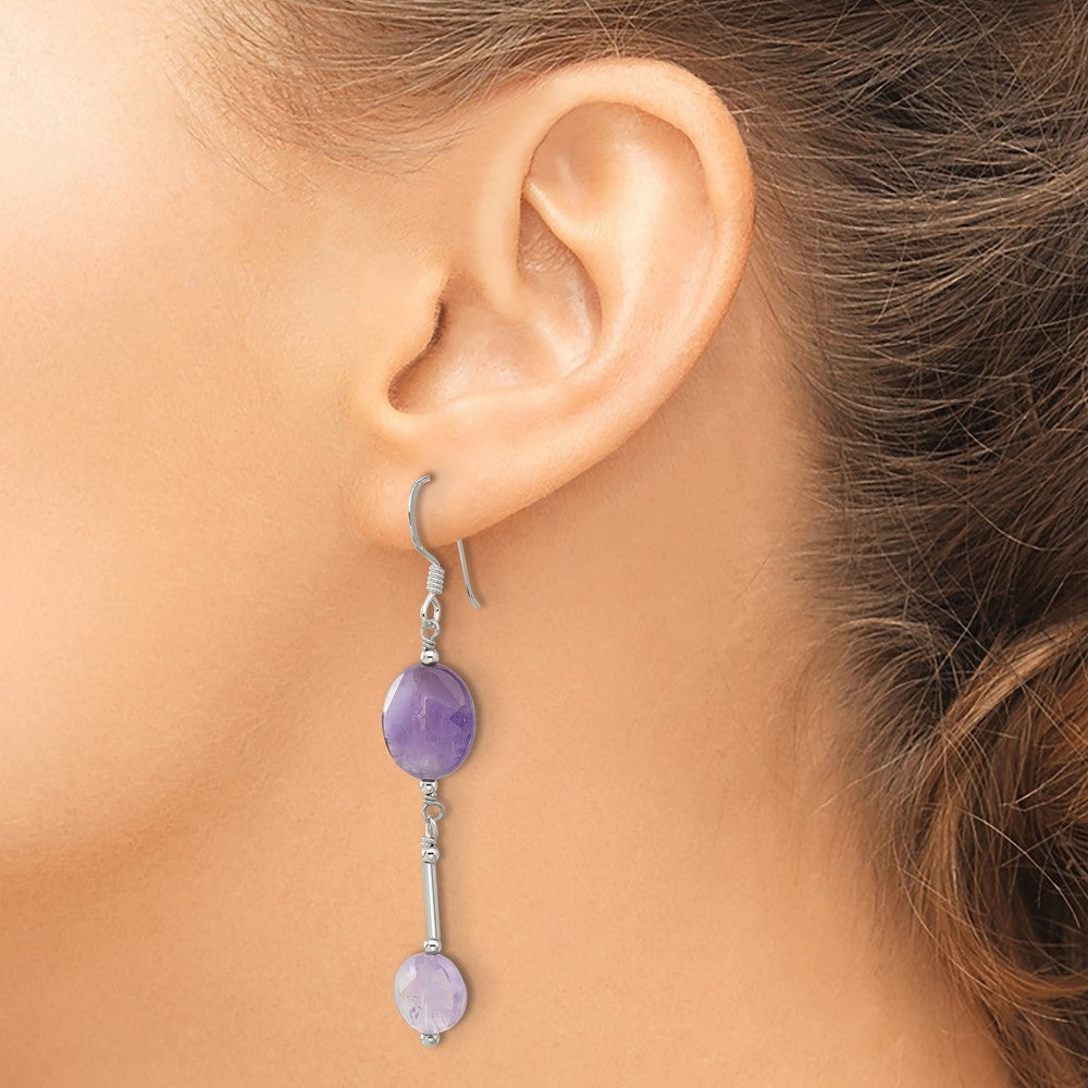 QE17292 Sterling Silver Polished Beaded Bar Amethyst Dangle Earrings
