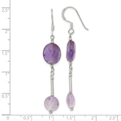 QE17292 Sterling Silver Polished Beaded Bar Amethyst Dangle Earrings