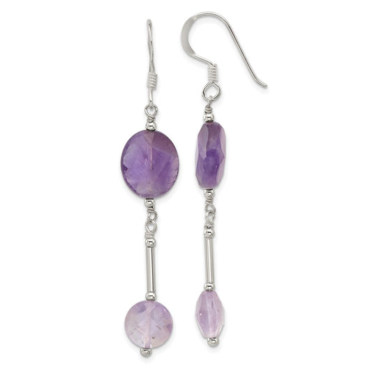QE17292 Sterling Silver Polished Beaded Bar Amethyst Dangle Earrings