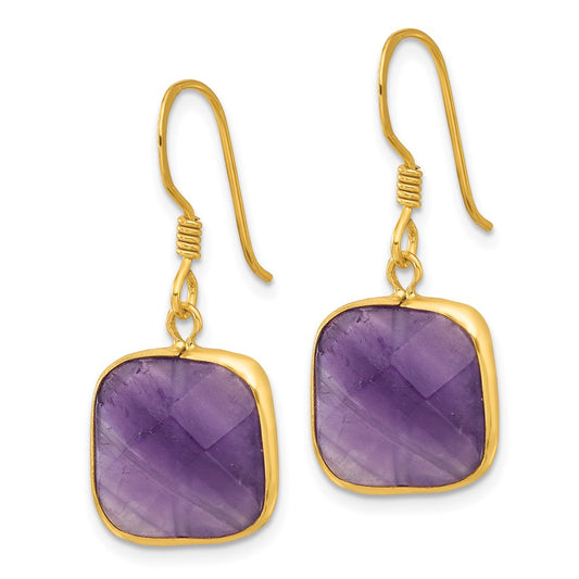 QE17296 Sterling Silver Gold-plated Polished Cushion Amethyst Dangle Earrings