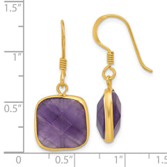 QE17296 Sterling Silver Gold-plated Polished Cushion Amethyst Dangle Earrings