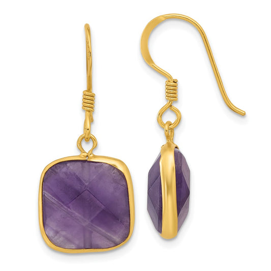 QE17296 Sterling Silver Gold-plated Polished Cushion Amethyst Dangle Earrings