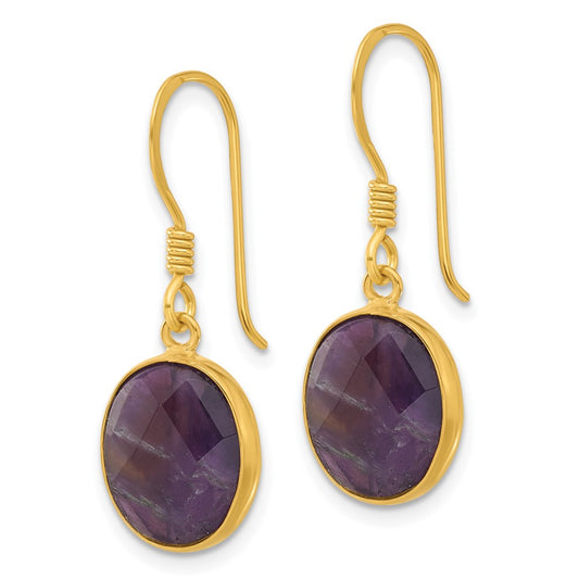 QE17297 Sterling Silver Gold-plated Polished Oval Amethyst Dangle Earrings