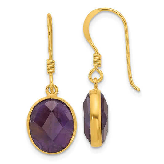 QE17297 Sterling Silver Gold-plated Polished Oval Amethyst Dangle Earrings