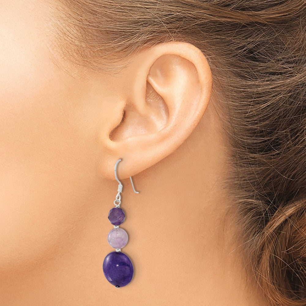 QE17302 Sterling Silver Polished Amethyst and Purple Quartz Dangle Earrings