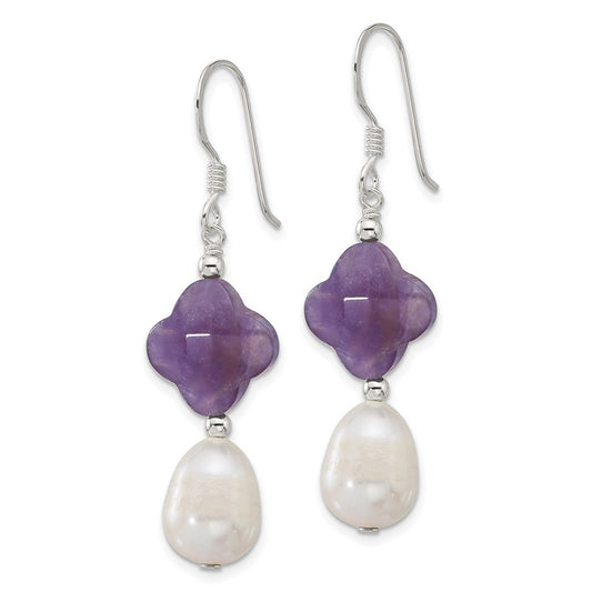 QE17303 Sterling Silver Polished Amethyst Clover and FWC Pearl Dangle Earrings