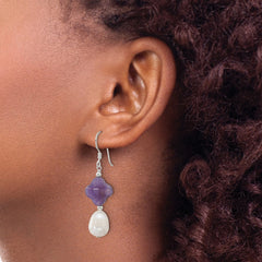 QE17303 Sterling Silver Polished Amethyst Clover and FWC Pearl Dangle Earrings