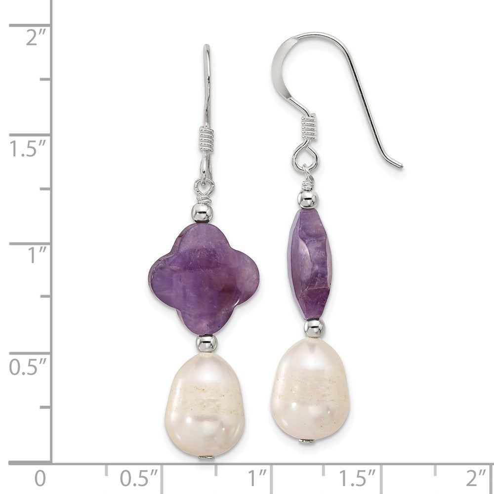 QE17303 Sterling Silver Polished Amethyst Clover and FWC Pearl Dangle Earrings