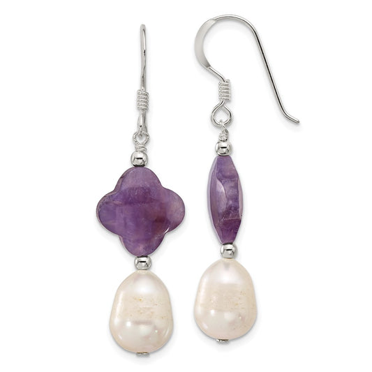 QE17303 Sterling Silver Polished Amethyst Clover and FWC Pearl Dangle Earrings