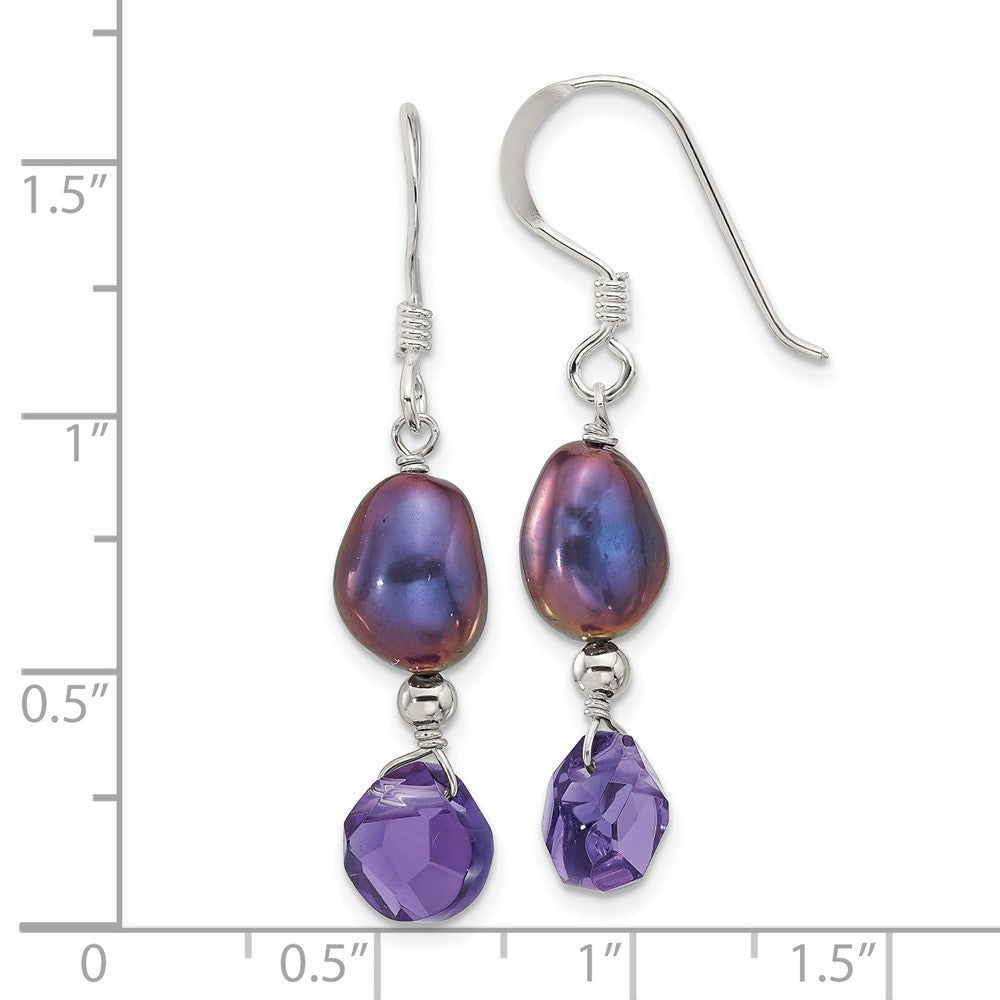 QE17304 Sterling Silver Polished FWC Pearl and Purple Quartz Dangle Earrings