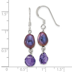 QE17304 Sterling Silver Polished FWC Pearl and Purple Quartz Dangle Earrings