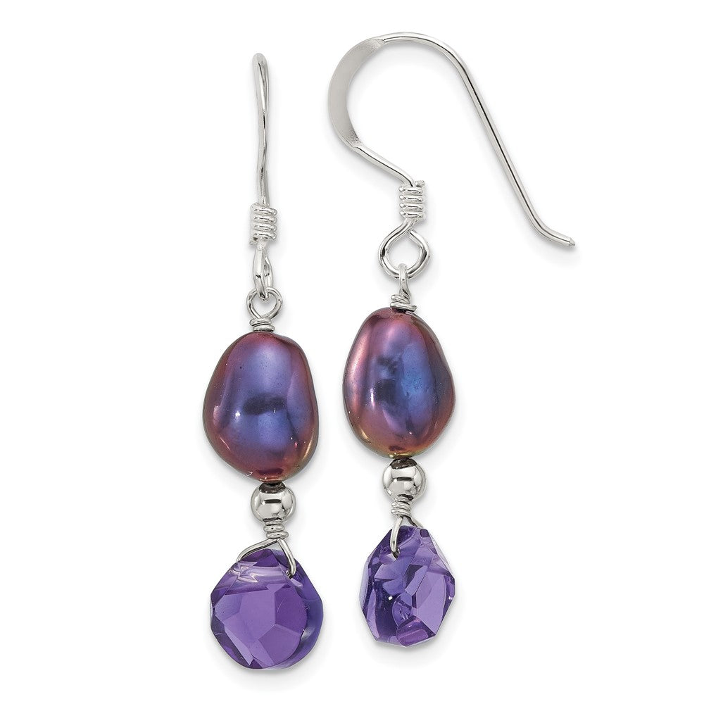 QE17304 Sterling Silver Polished FWC Pearl and Purple Quartz Dangle Earrings