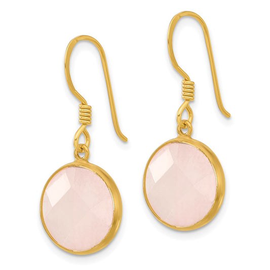 QE17306 Sterling Silver Gold-plated Polished Round Rose Quartz Dangle Earrings