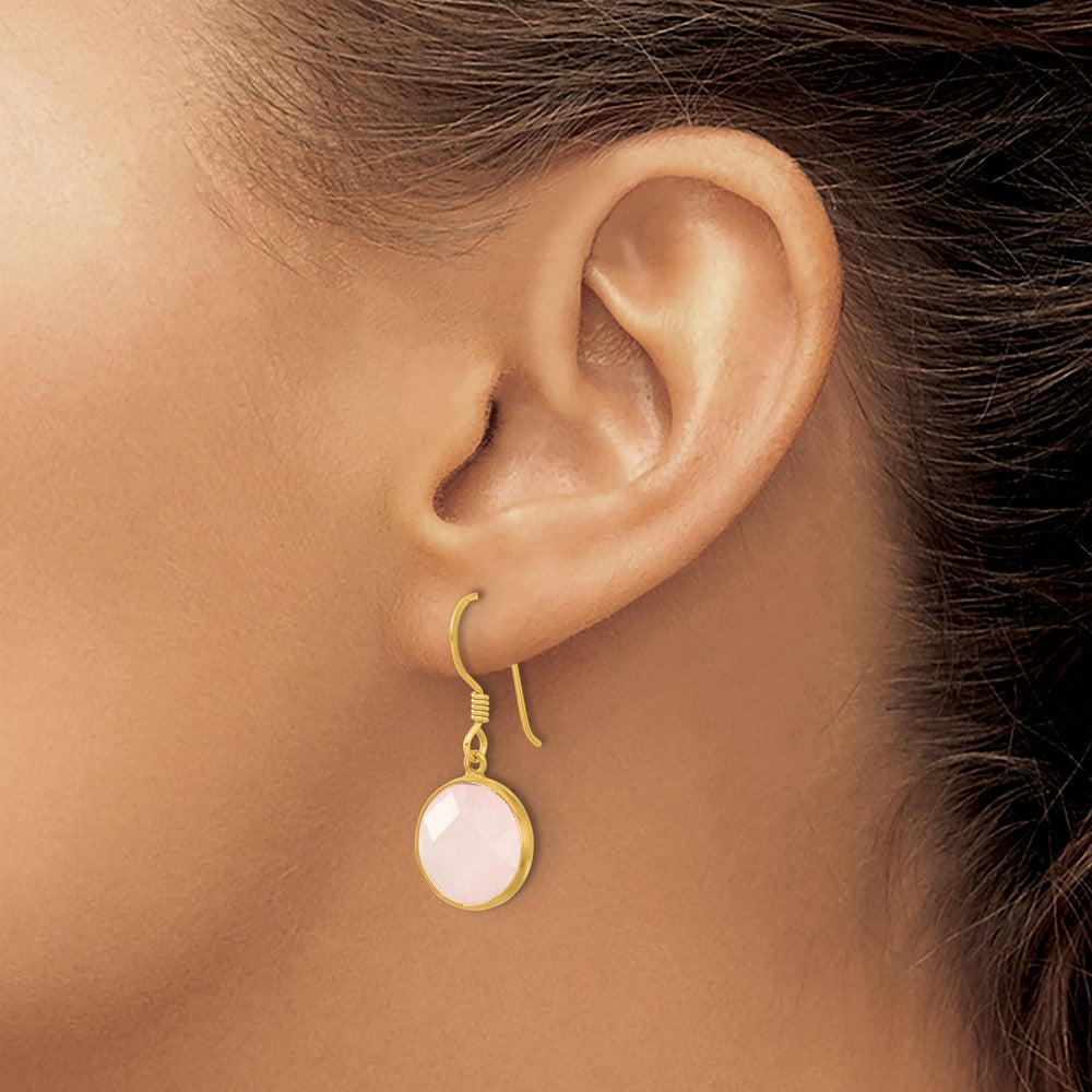 QE17306 Sterling Silver Gold-plated Polished Round Rose Quartz Dangle Earrings
