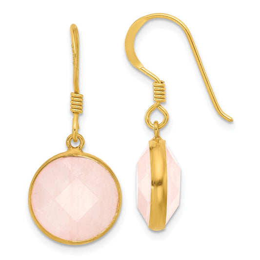 QE17306 Sterling Silver Gold-plated Polished Round Rose Quartz Dangle Earrings