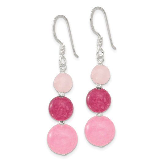 QE17309 Sterling Silver Polished Pink/Rose/Strawberry Quartz Dangle Earrings