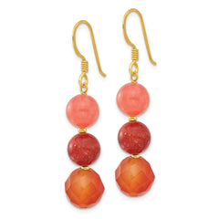 QE17315 Sterling Silver Gold-plated Carnelian/Quartz/Recon. Coral Dangle Earrings
