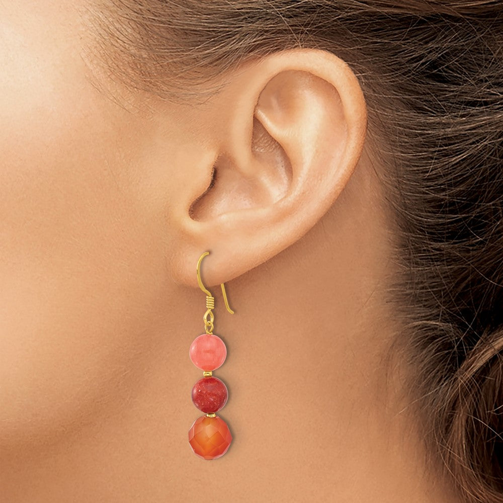 QE17315 Sterling Silver Gold-plated Carnelian/Quartz/Recon. Coral Dangle Earrings