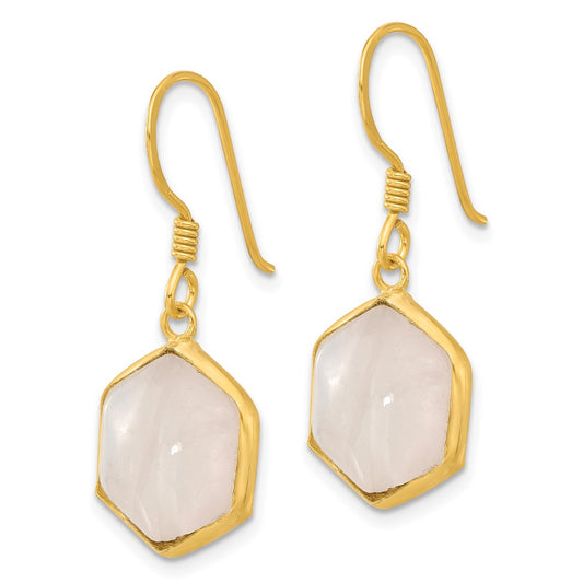 QE17328 Sterling Silver Gold-plated Polished Hexagon Rose Quartz Dangle Earrings