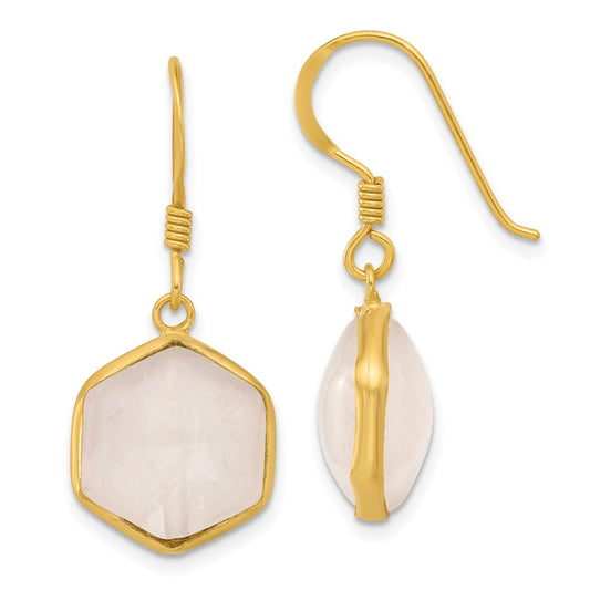 QE17328 Sterling Silver Gold-plated Polished Hexagon Rose Quartz Dangle Earrings