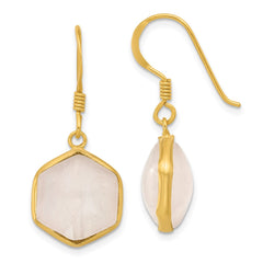 QE17328 Sterling Silver Gold-plated Polished Hexagon Rose Quartz Dangle Earrings