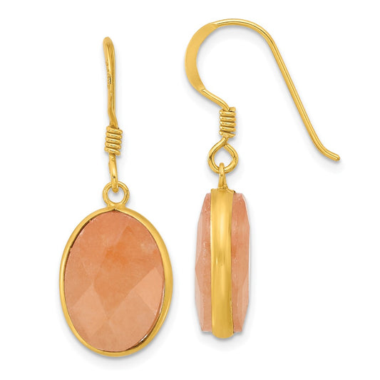 QE17329 Sterling Silver Gold-plated Polished Oval Red Aventurine Dangle Earrings