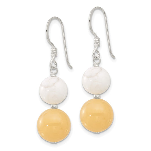 QE17330 Sterling Silver Polished White Howlite and Yellow Jade Dangle Earrings